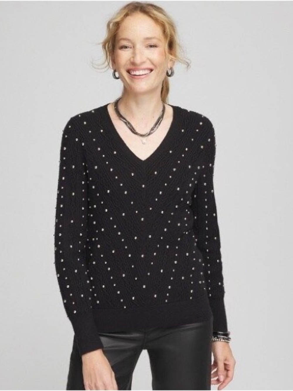 Chico’s Black V-Neck Studded Women's Sweater